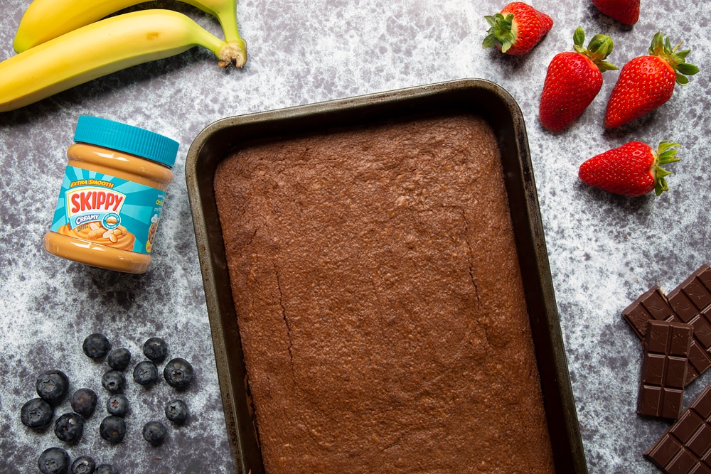 The peanut butter brownies tray once baked for 10 minutes.