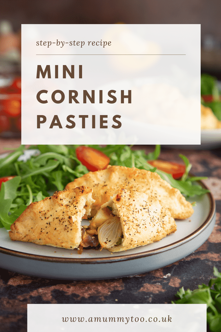 Pinterest image for the mini cornish pasties. The image is of the mini cornish pasties on a decorative plate served with a side salad and at the bottom is some text describing top image.