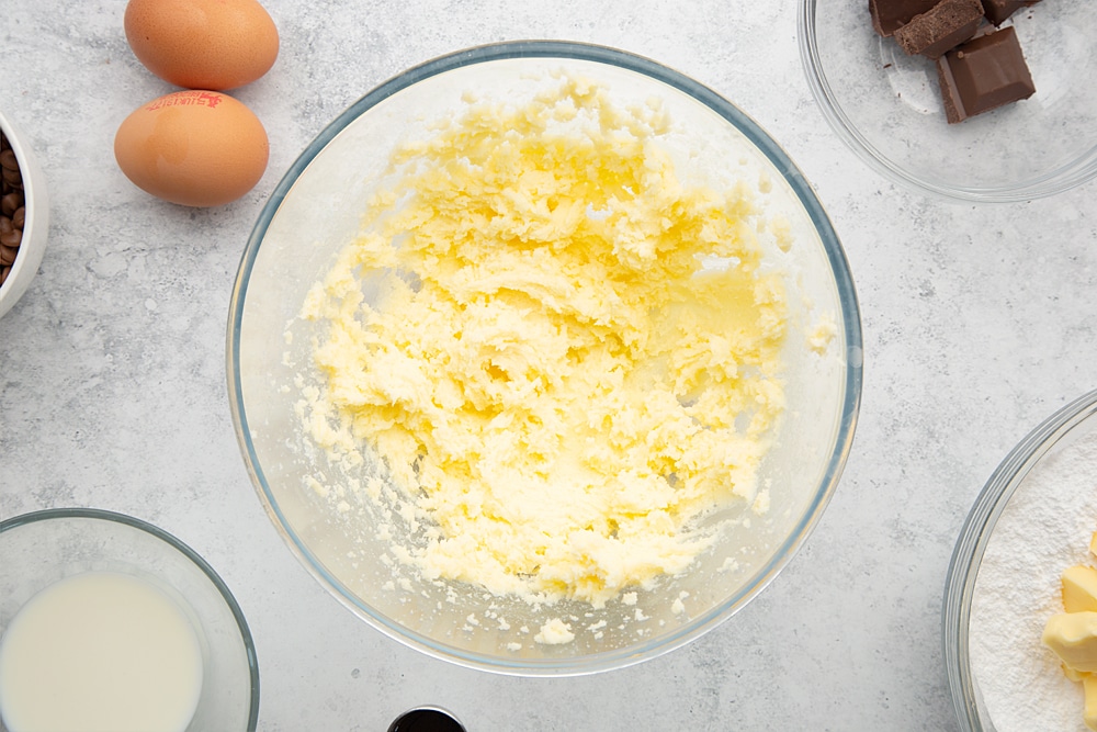 Overhead shot of the pyrex bowl after the butter and sugar has been mixed.