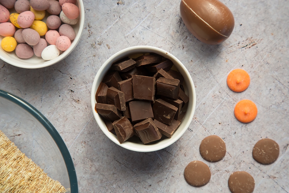 Chunks of dark chocolate, ready to be melted