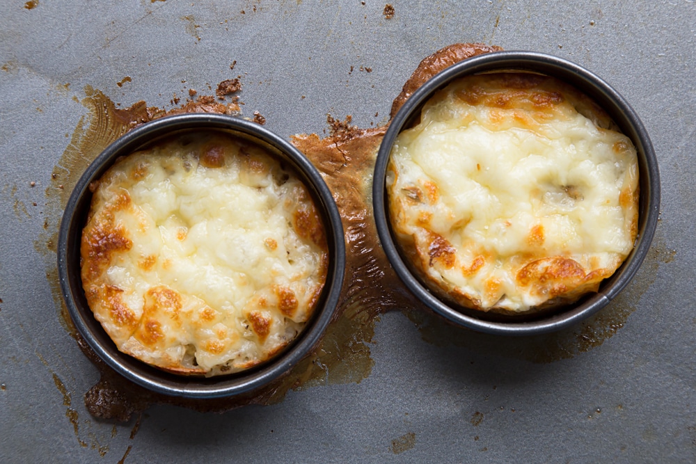 Overhead shot of the two crumpets having been baked in the oven.