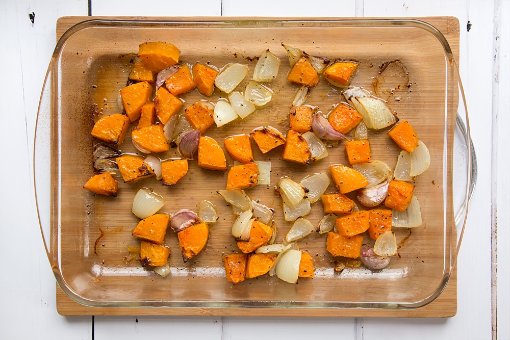 roasted butternut squash soup ingredients after being roasted for 40 minutes.