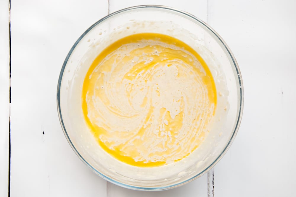 Melted margarine is added to the Vegan american pancake mix