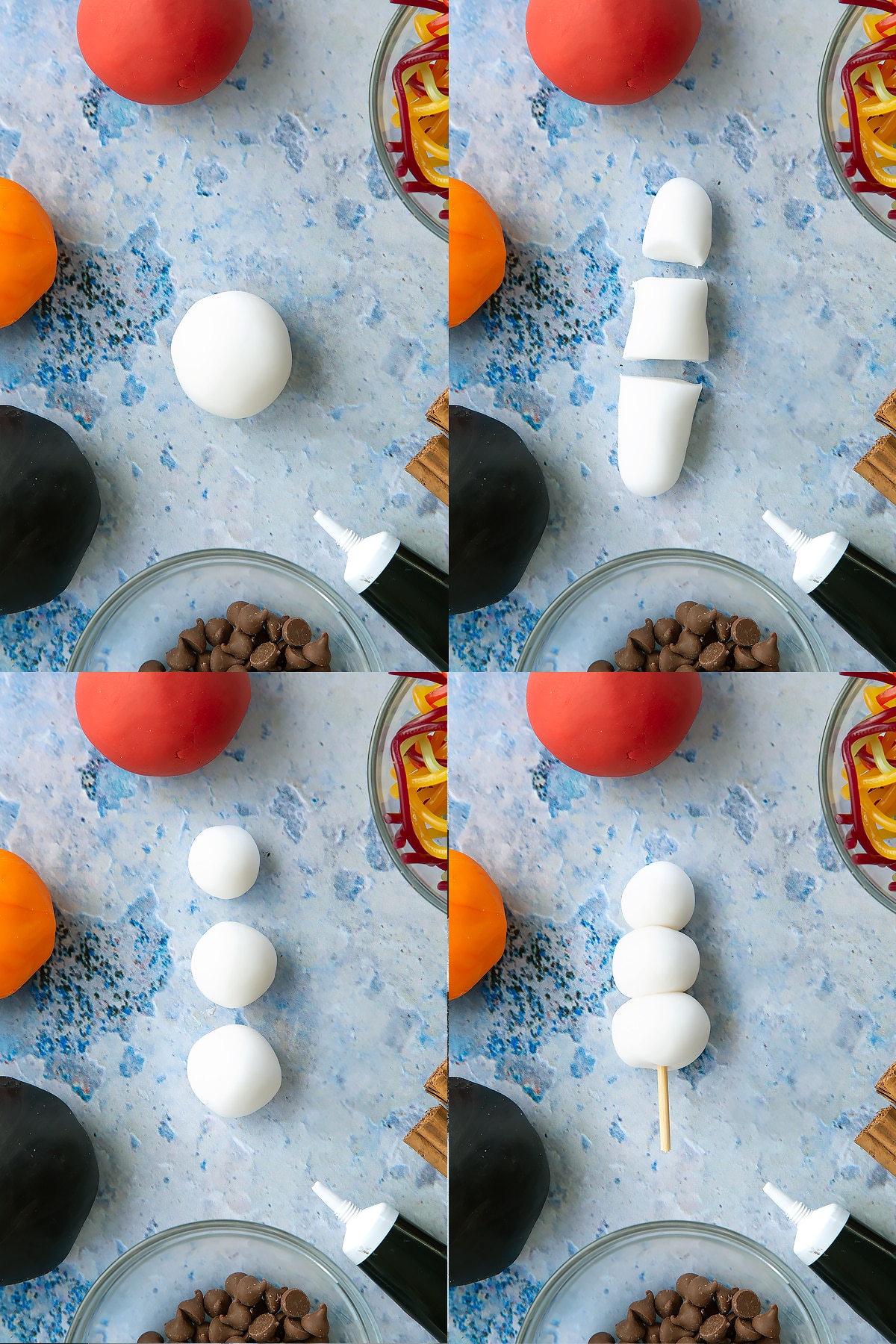 Four process images of making the snowmen for the snowman cupcakes.