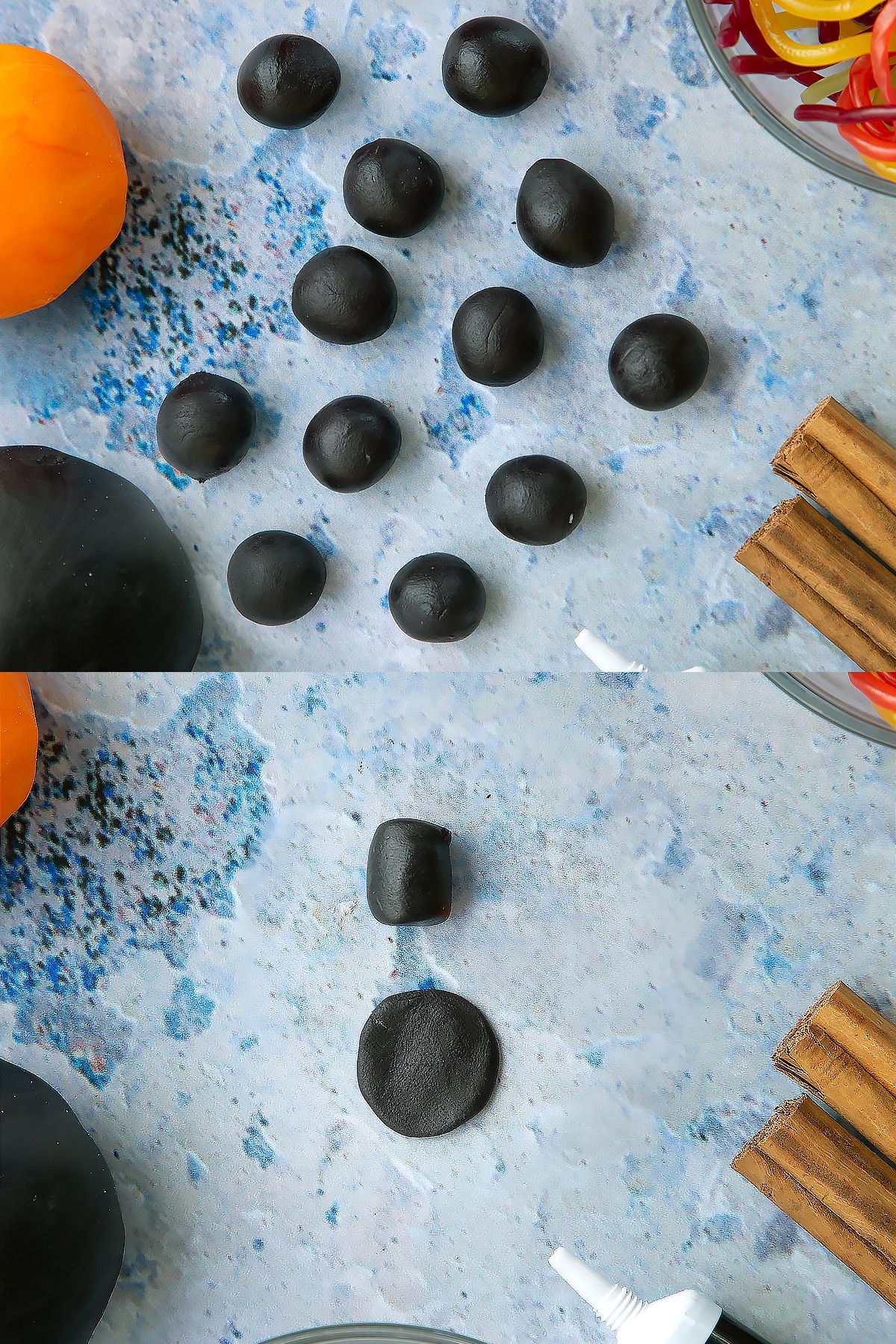 Two process images of making the snowman for the top of the snowman cupcakes.