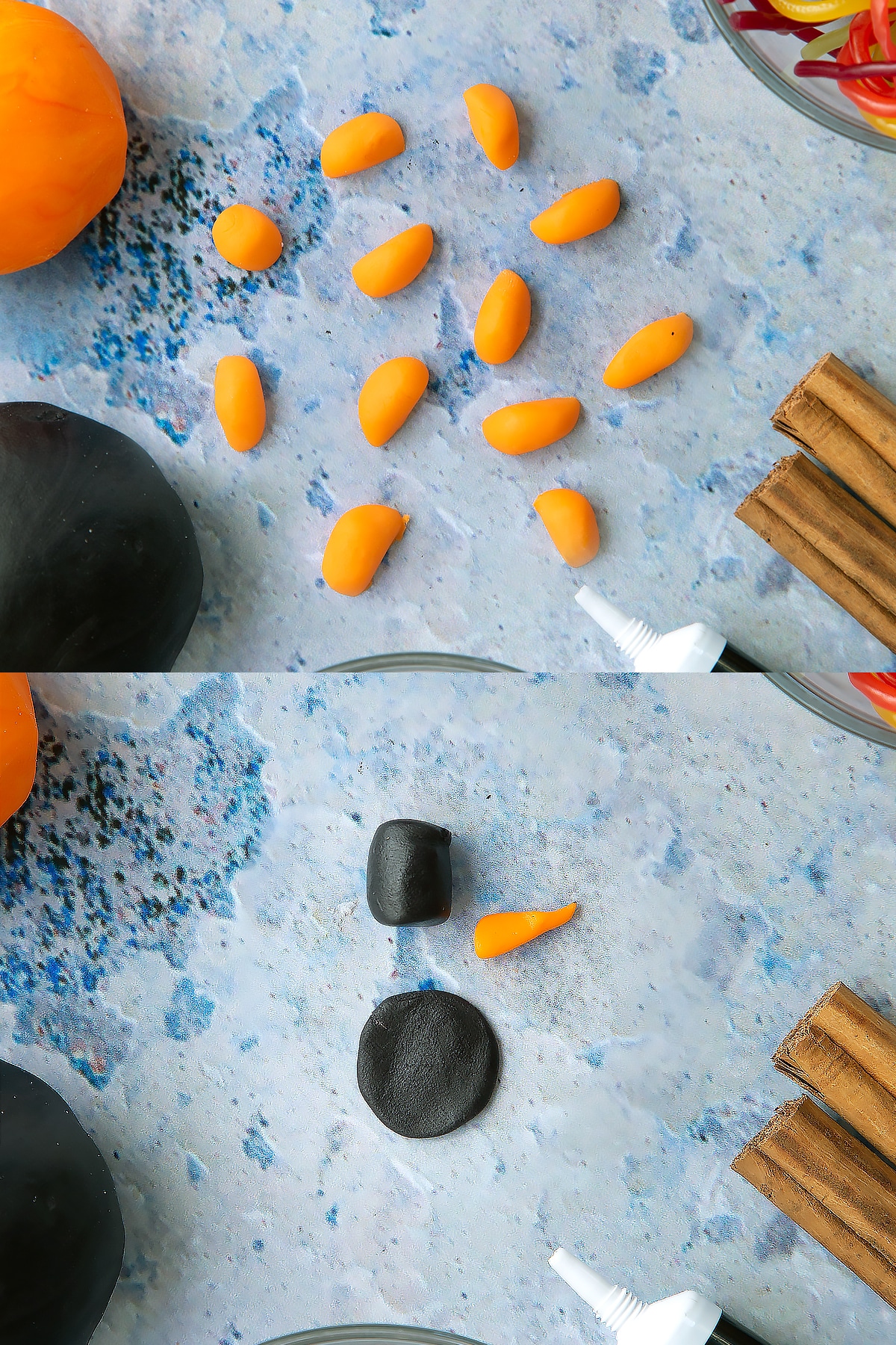 Two process images demonstrating how the black and orange sugar paste is manipulated to make the snowmen for the top of the snowman cupcakes.