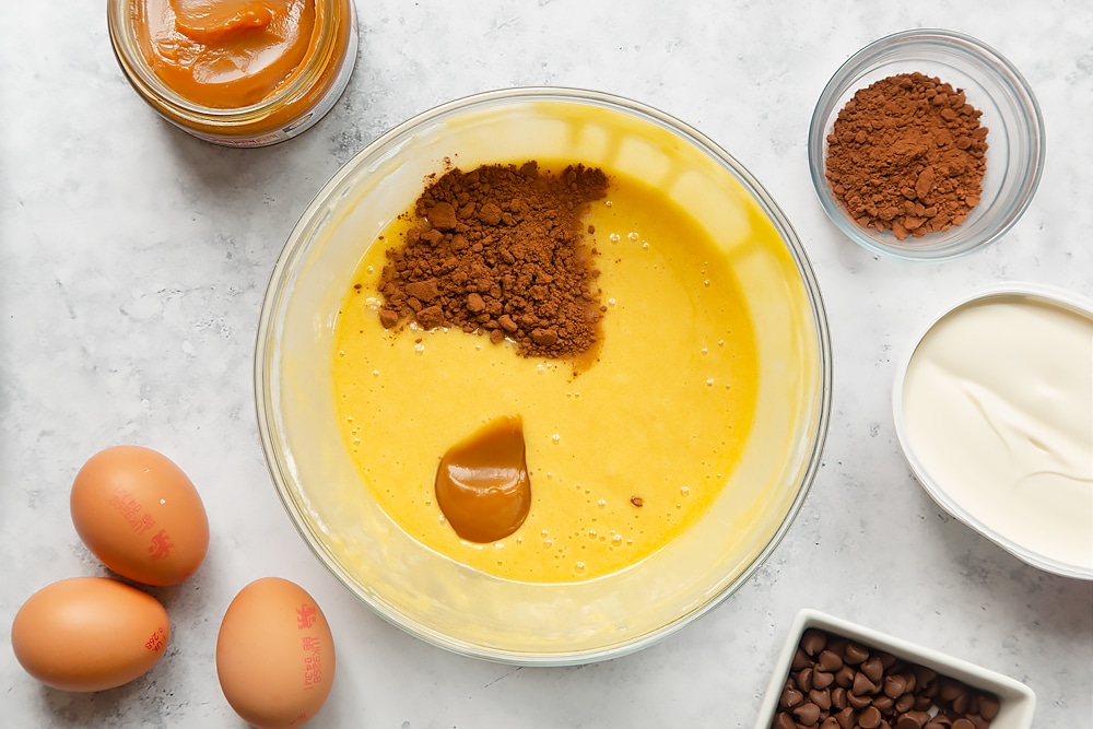 Mix cocoa powder and salted caramel into the remaining cake mixture