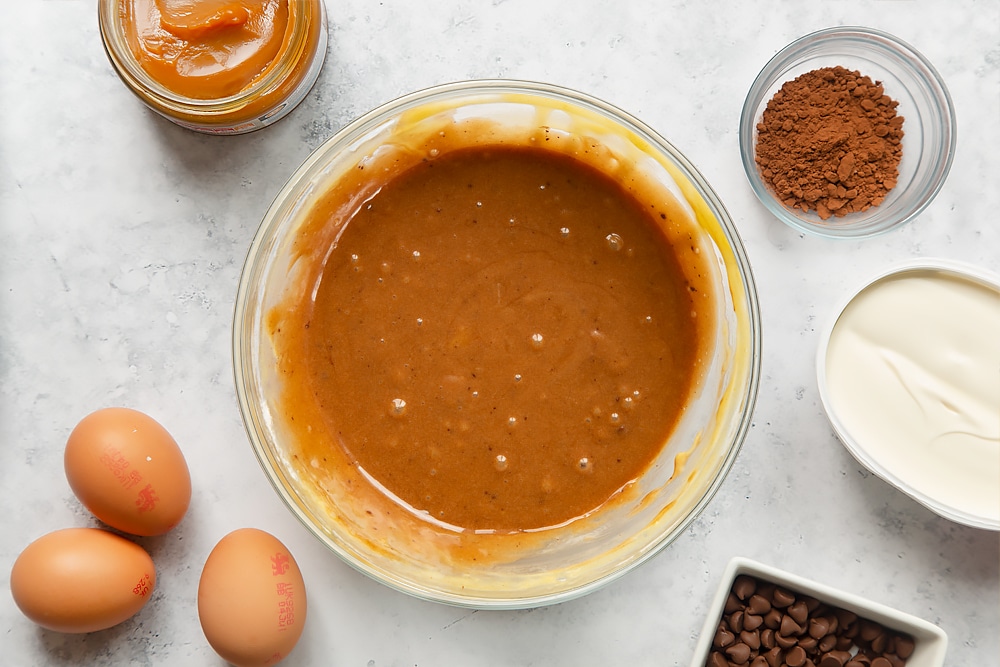 Chocolate and salted caramel cake mix, to swirl to create a chocolate marble cake