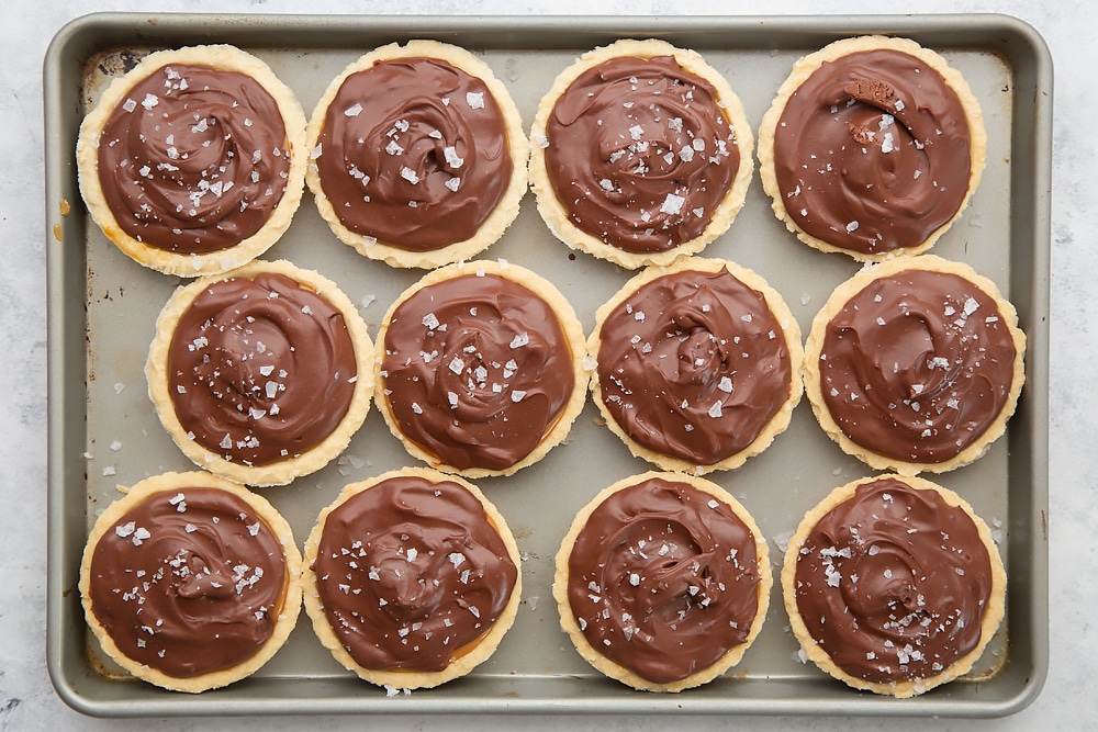 Baileys salted caramel mini chocolate tarts sprinkled with sea salt