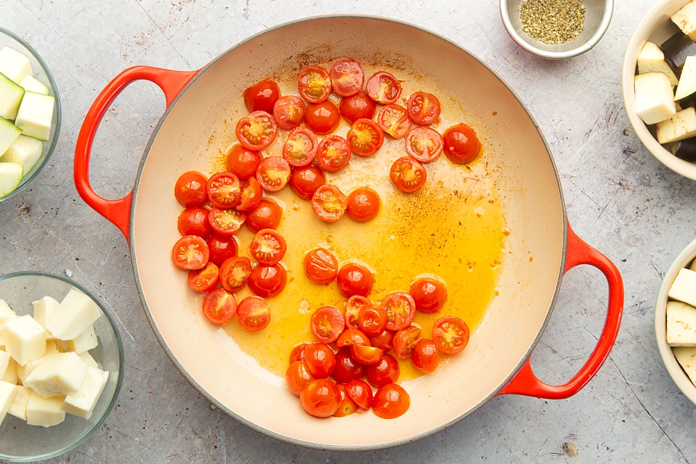 Fried, softened cherry tomatoes