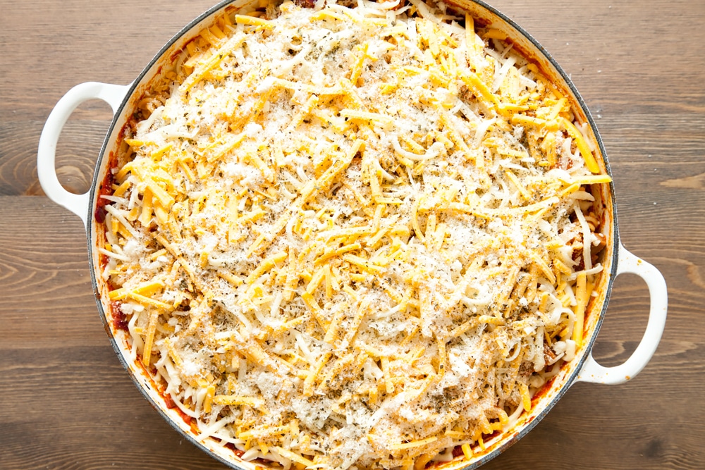 Top the Quorn pasta bake with cheese