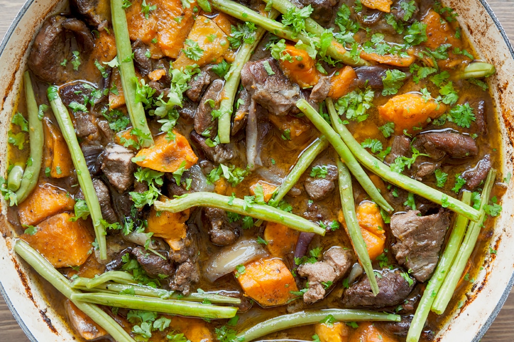 Freshly cooked slow cooked lamb and sweet potato casserole