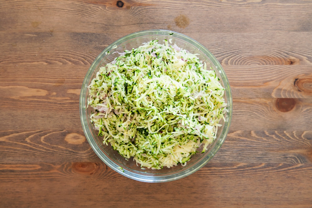 Grated vegetables, ready to make the courgette latkes