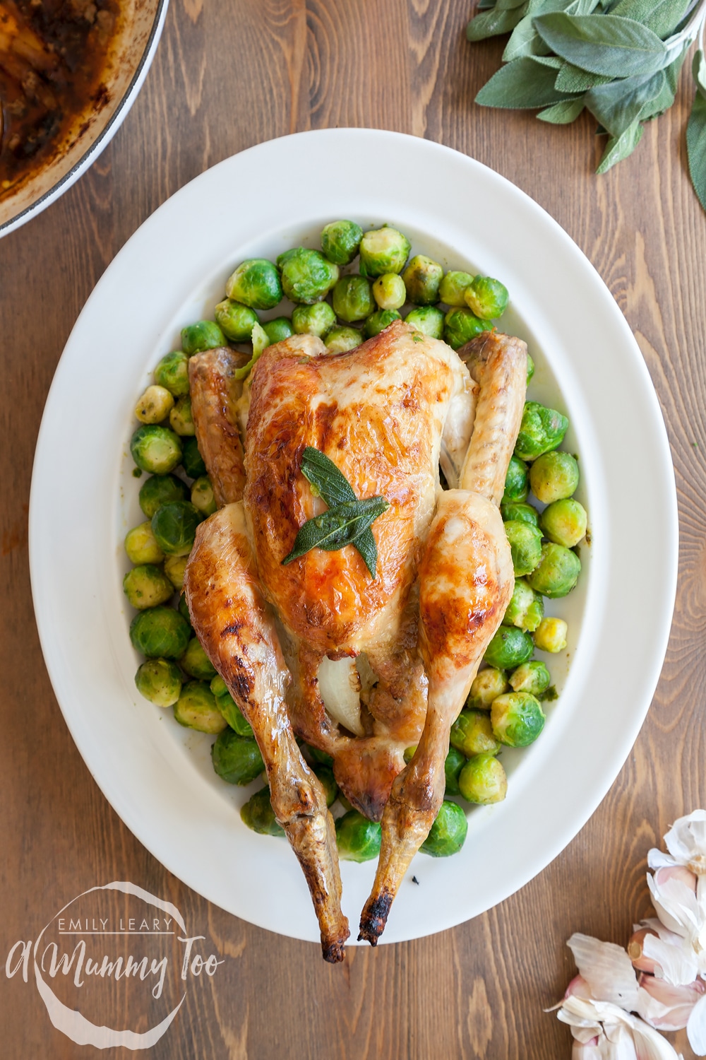 Succulent buttery sage and onion roast chicken served with sprouts