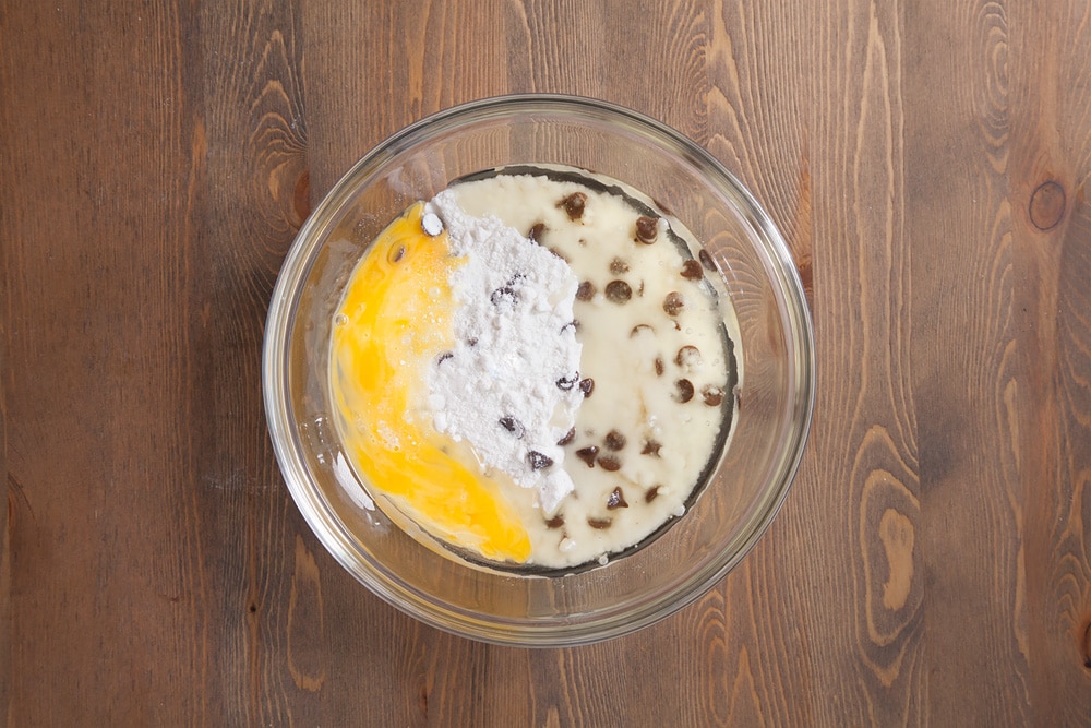 Egg and oil are added to the chocolate chip cookie mix