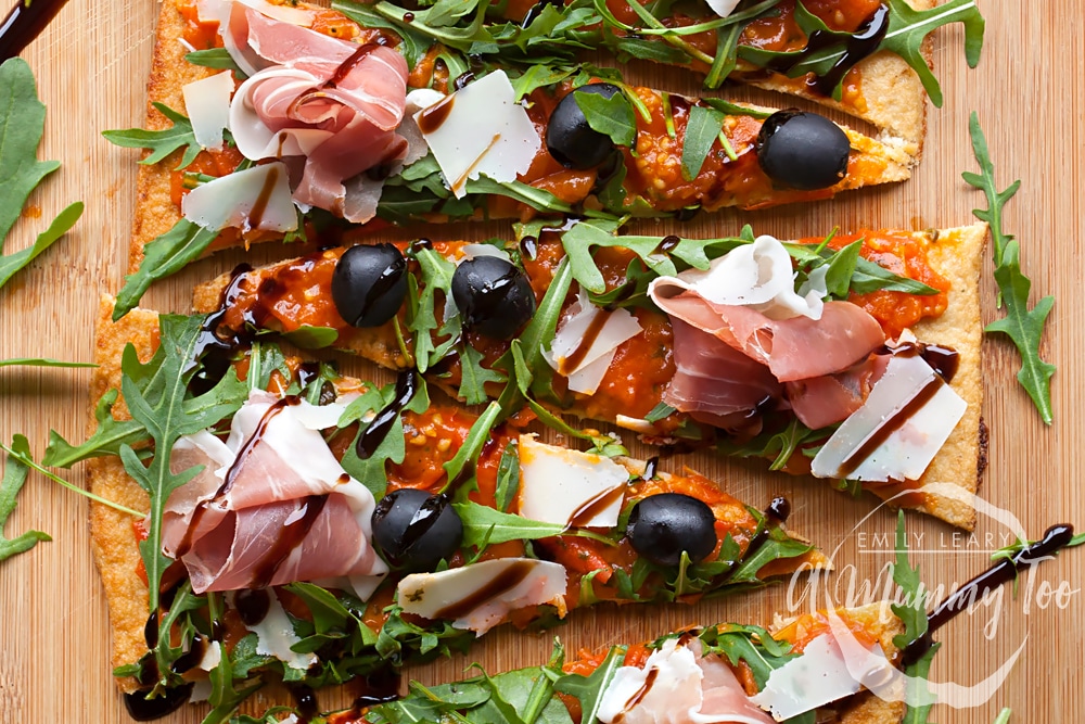 This Grana Padano and Prosciutto di San Daniele cauliflower crust pizza is low carb, thanks to the cauliflower base!