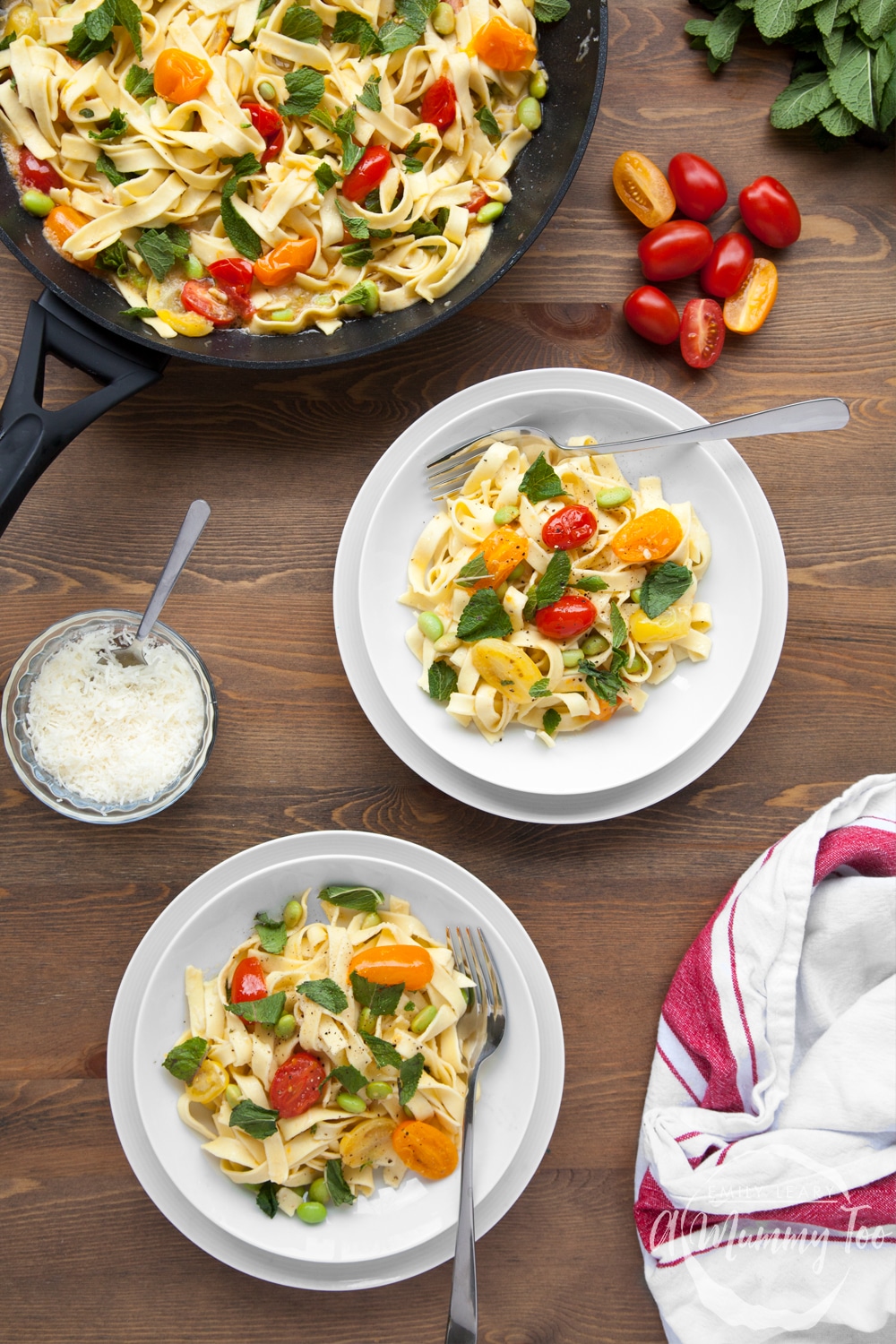 Serve the tagliatelle with tricolour tomatoes, edamame and mint into bowls with another sprinkling of fresh mint and enjoy!