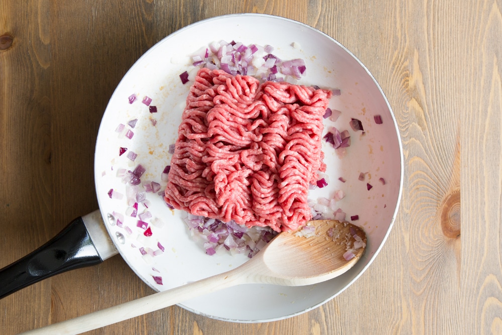 The Irish beef mince is added to the frying pan