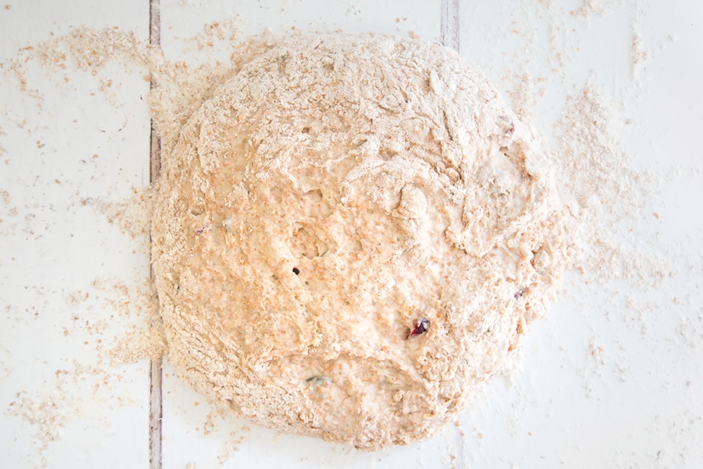 The fruit loaf dough, shown ready to be kneaded into shape before baking