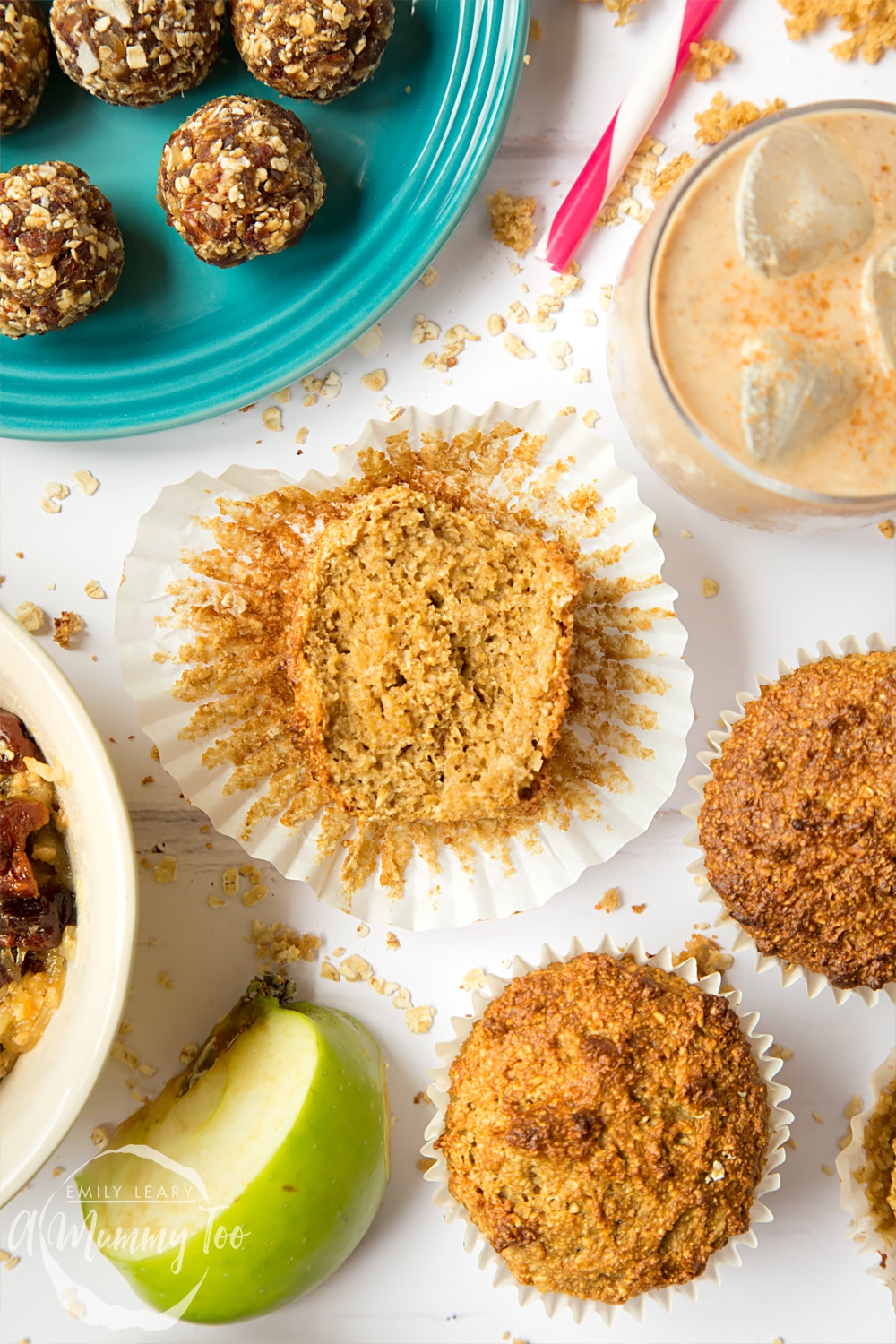 Overhead shot of a half eaten granola muffin
