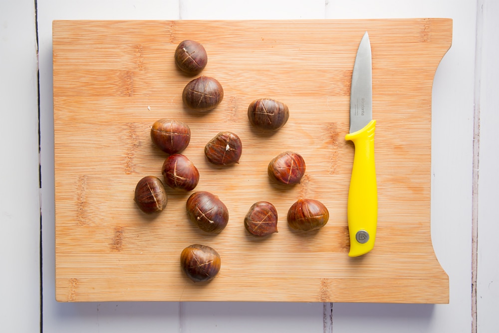 Preparing the chestnuts for the chestnut and pepper crusted wild Alaska salmon fillet