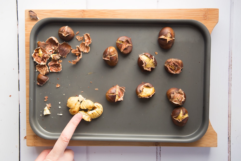 Shells are removed from the chestnuts ready for the next step in this recipe