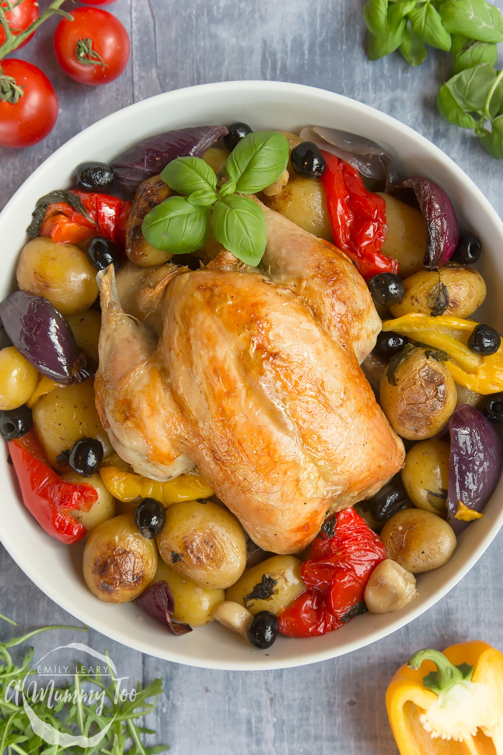 Healthier roast chicken with Mediterranean vegetables