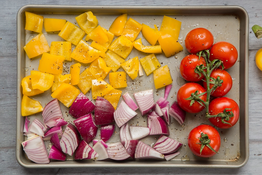 Seasoned vegetables ready to be roasted