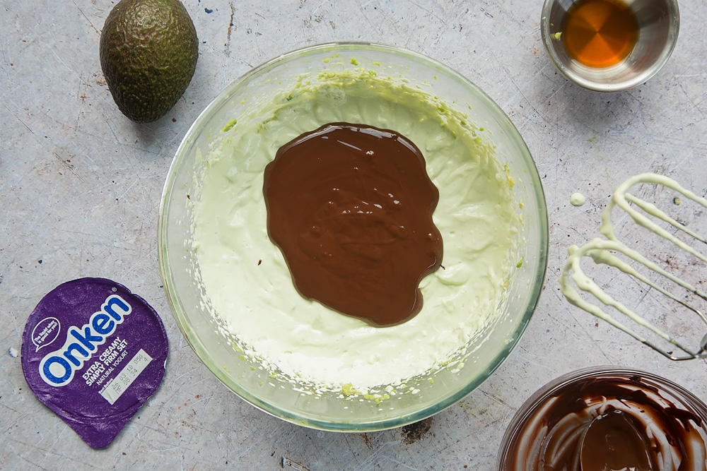 Melted dark chocolate is added to the mix