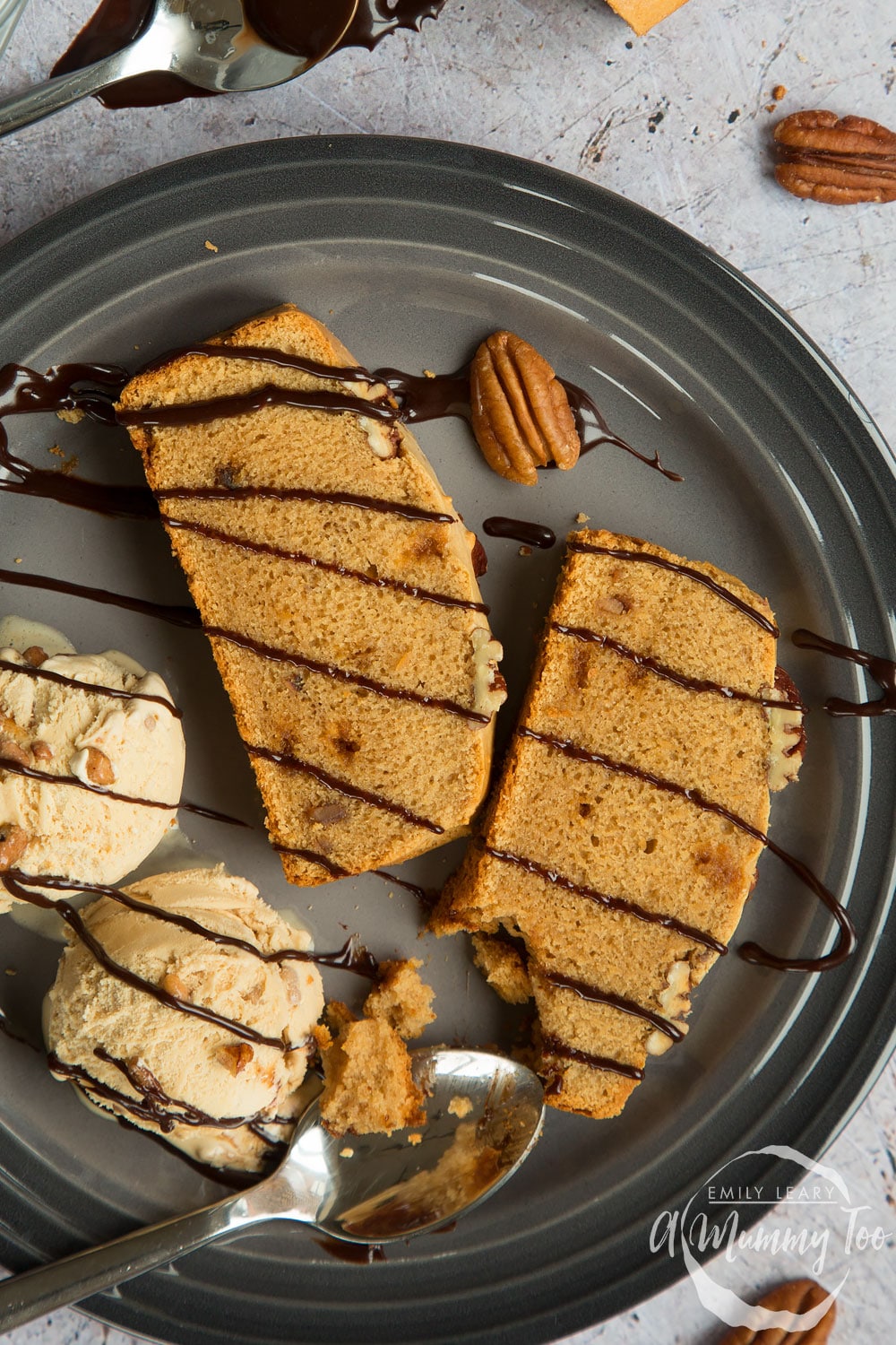Sliced, freshly baked butterscotch pecan ice cream loaf