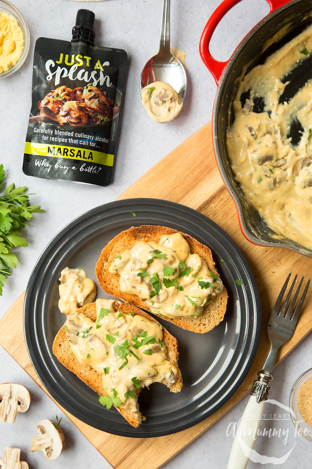 Creamy marsala mushrooms on toast, made using Just a Splash marsala
