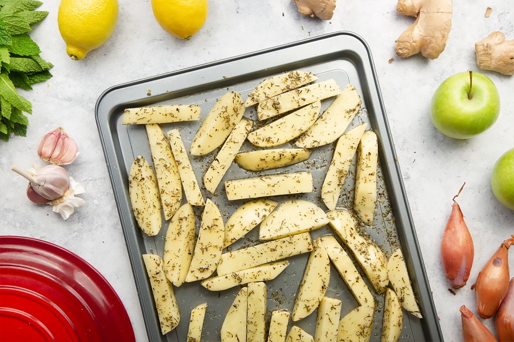 Herby chips ready to be roasted