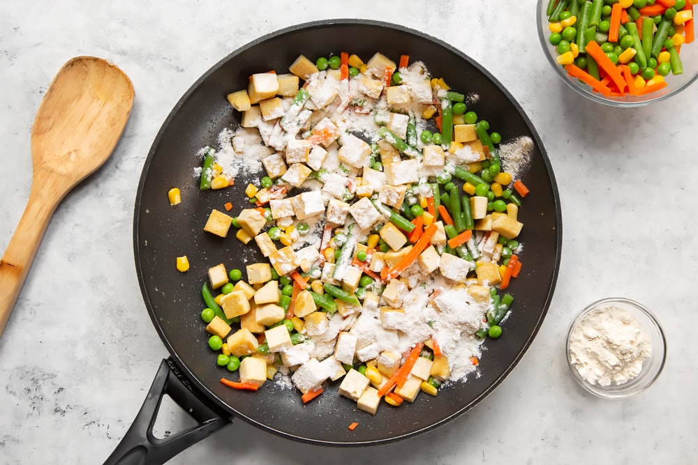 Flour is added to the frying pan