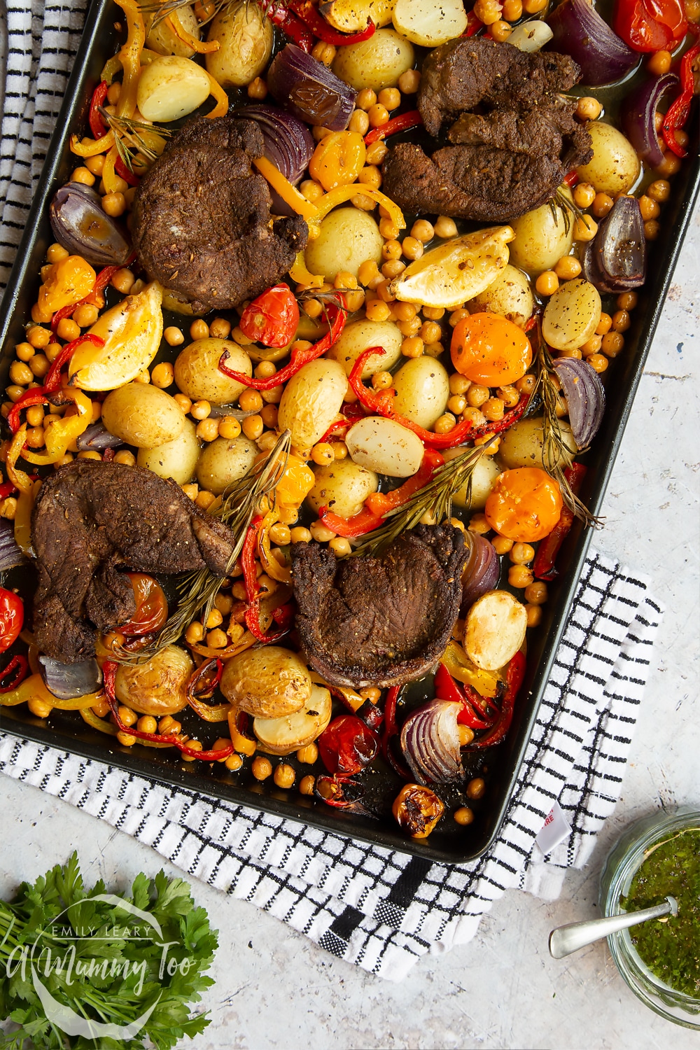 A lamb steak and veg sheet pan meal fresh from the oven