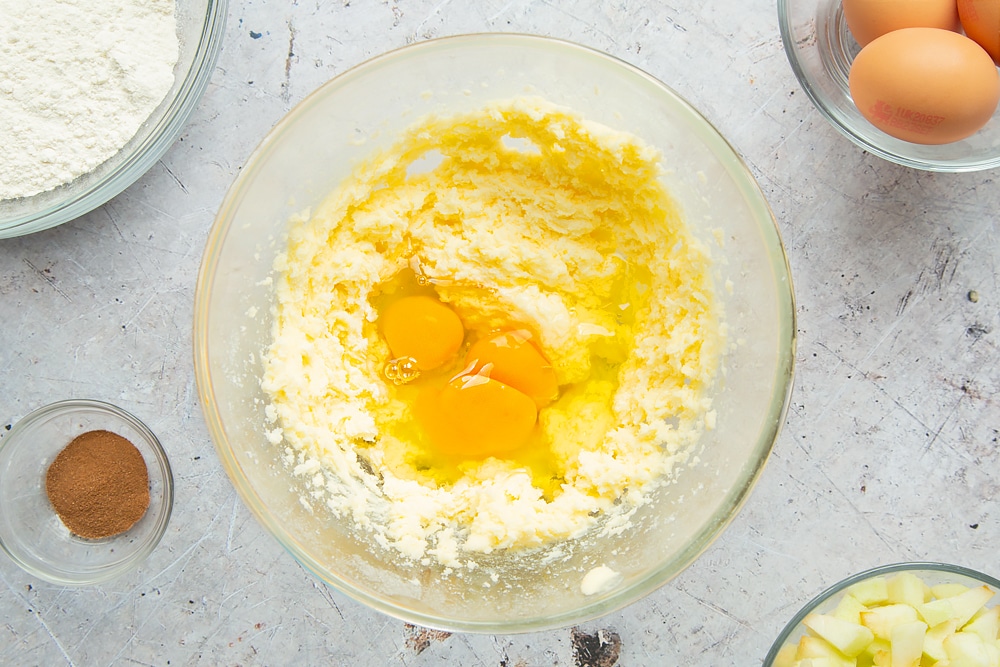 Eggs are added to the cake mix