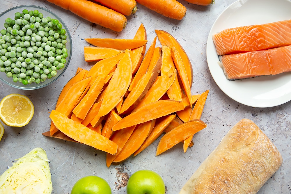 Sliced sweet potatoes for the wedges