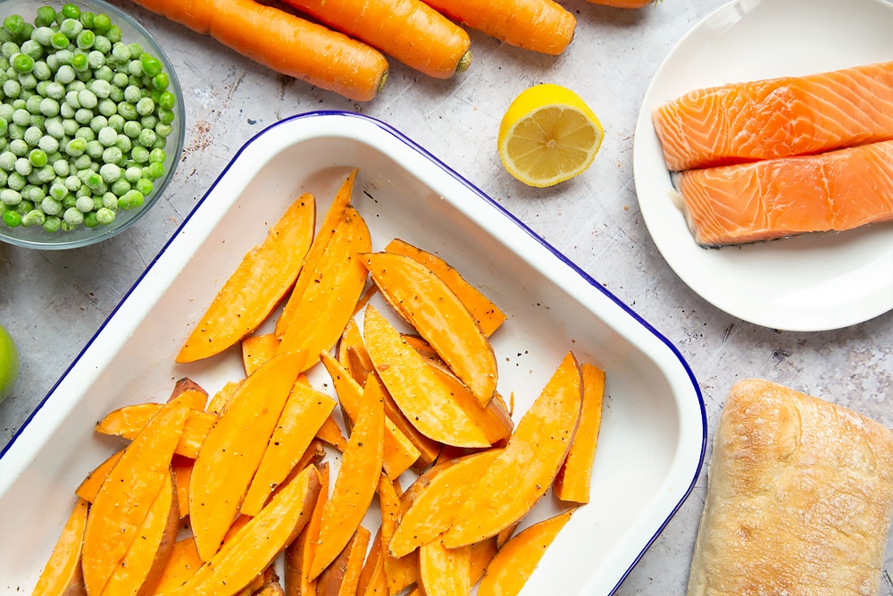 Sweet potato wedges on a baking tray