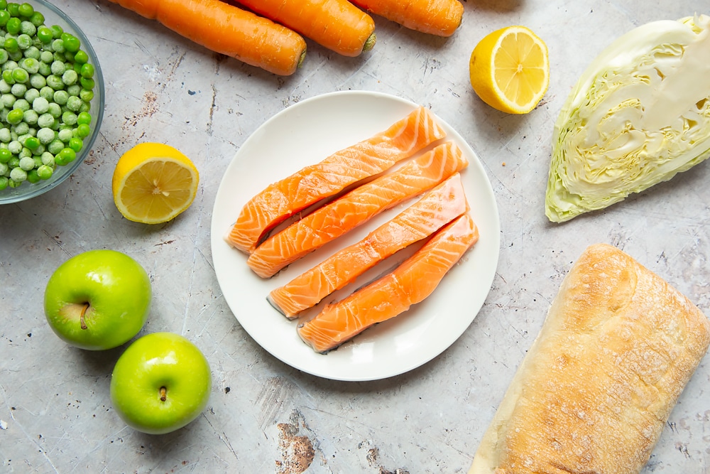 Sliced salmon fillets on a plate