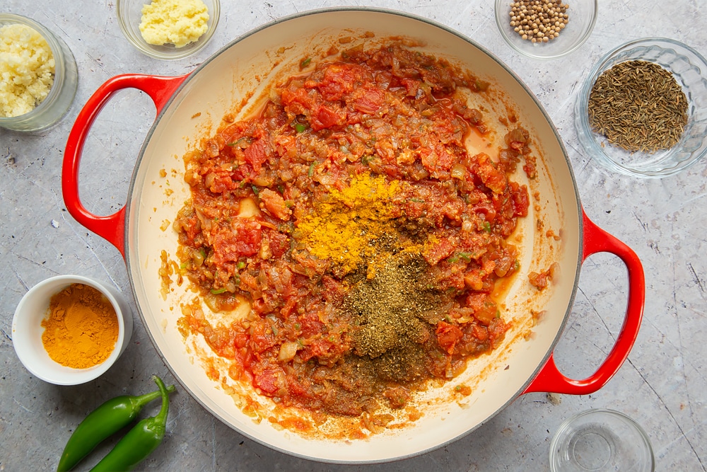 Turmeric, ground cumin and coriander are added to the pan