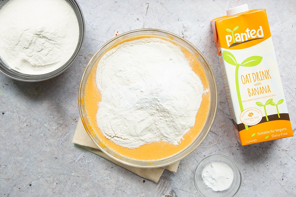 Adding the dry ingredients to the pancake mix