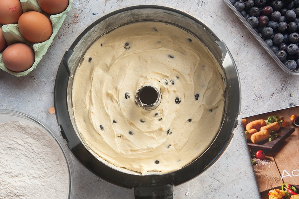 Blueberry cake mixture in the tin