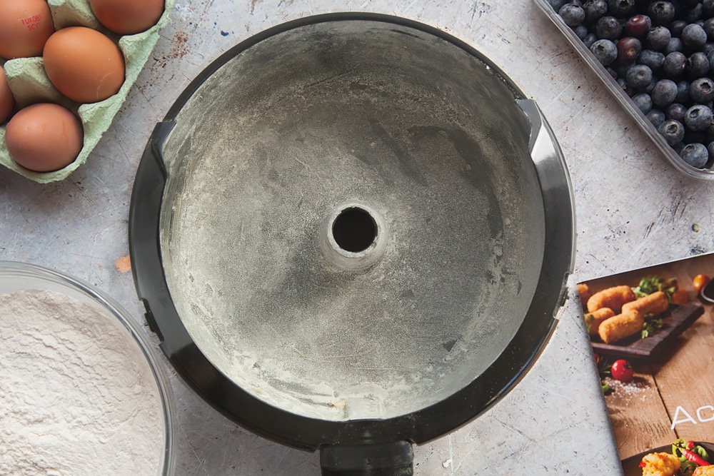 The empty pan, ready to pour the blueberry cake mix into