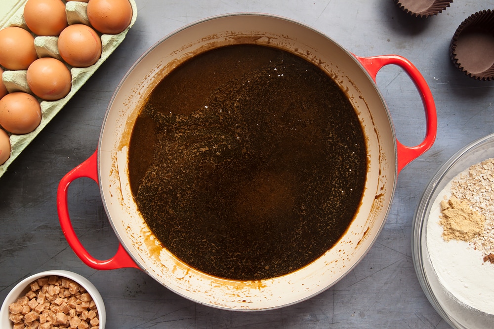 Overhead shot of syrup in a red pan