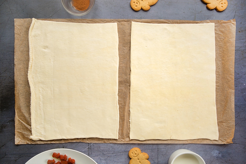 Cut your rolled puff pastry in half