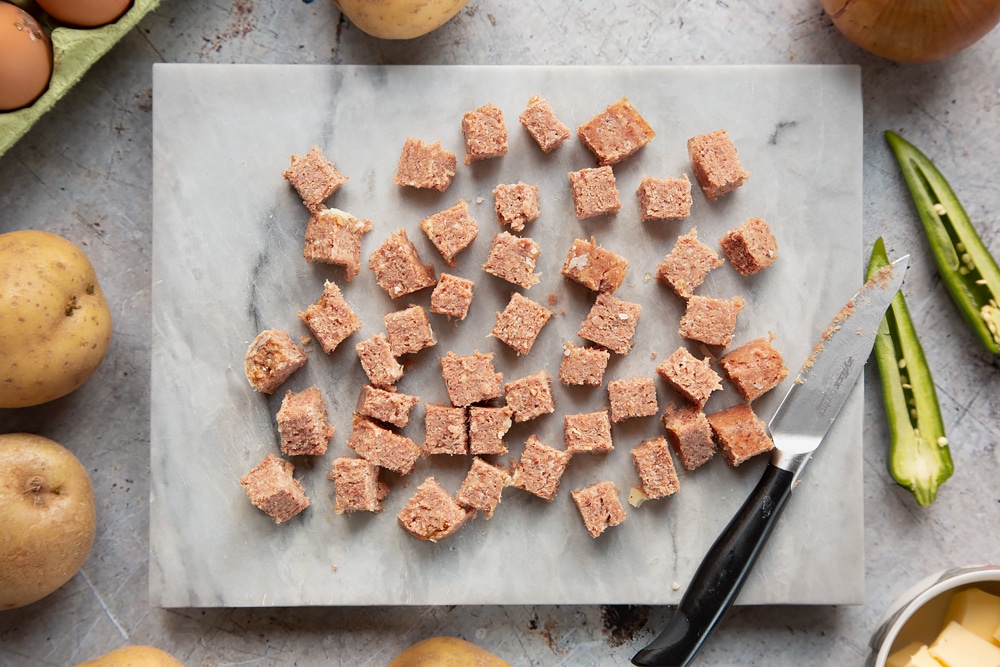 Corned beef from a can, cut into squares
