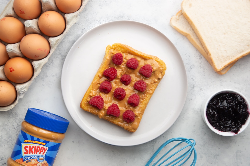 Peanut butter French Toast topped with raspberries