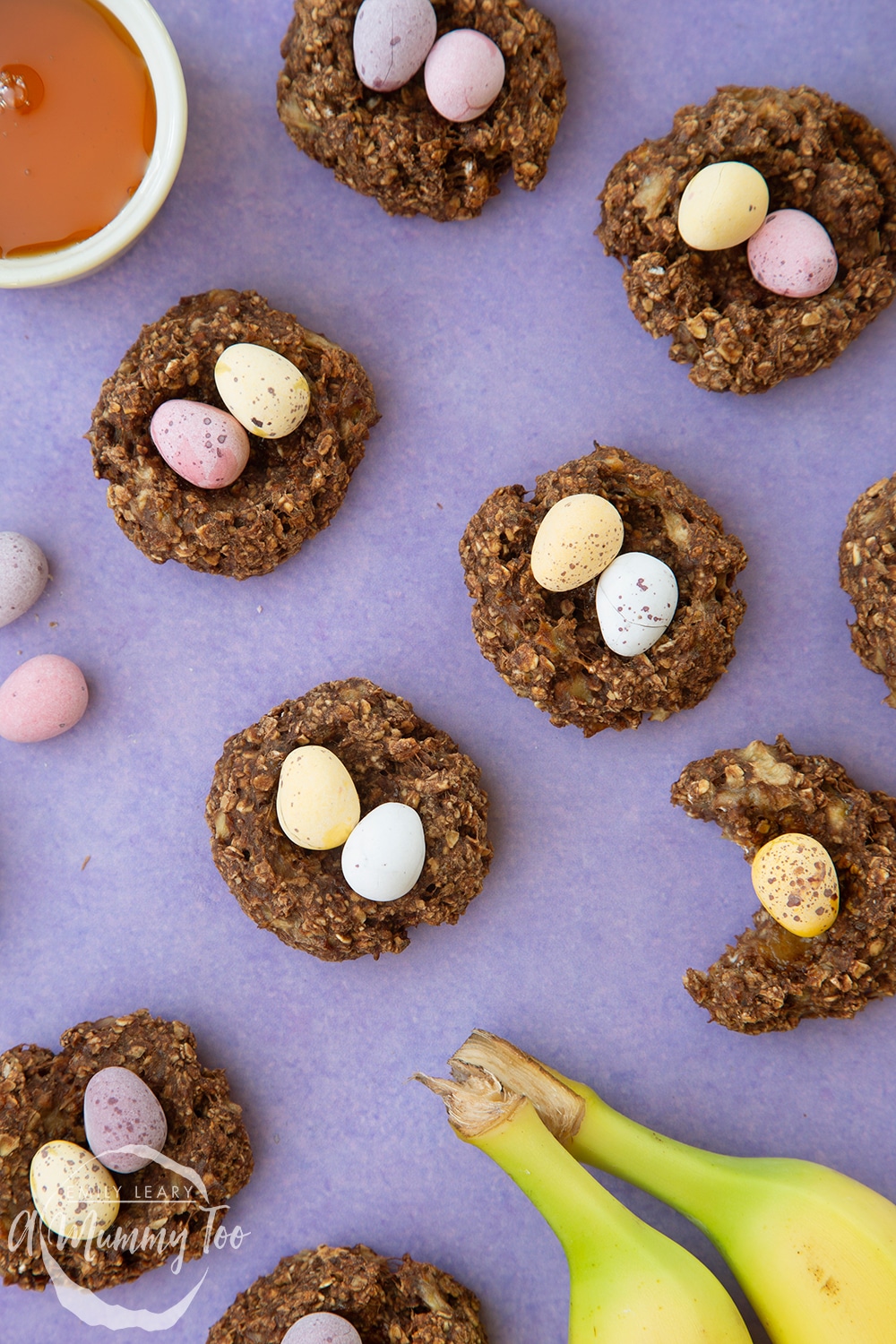 Healthier Easter chocolate nest cookies topped with mini chocolate eggs
