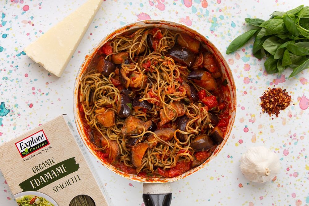 The ingredients for spaghetti alla norma mixed together ready for serving