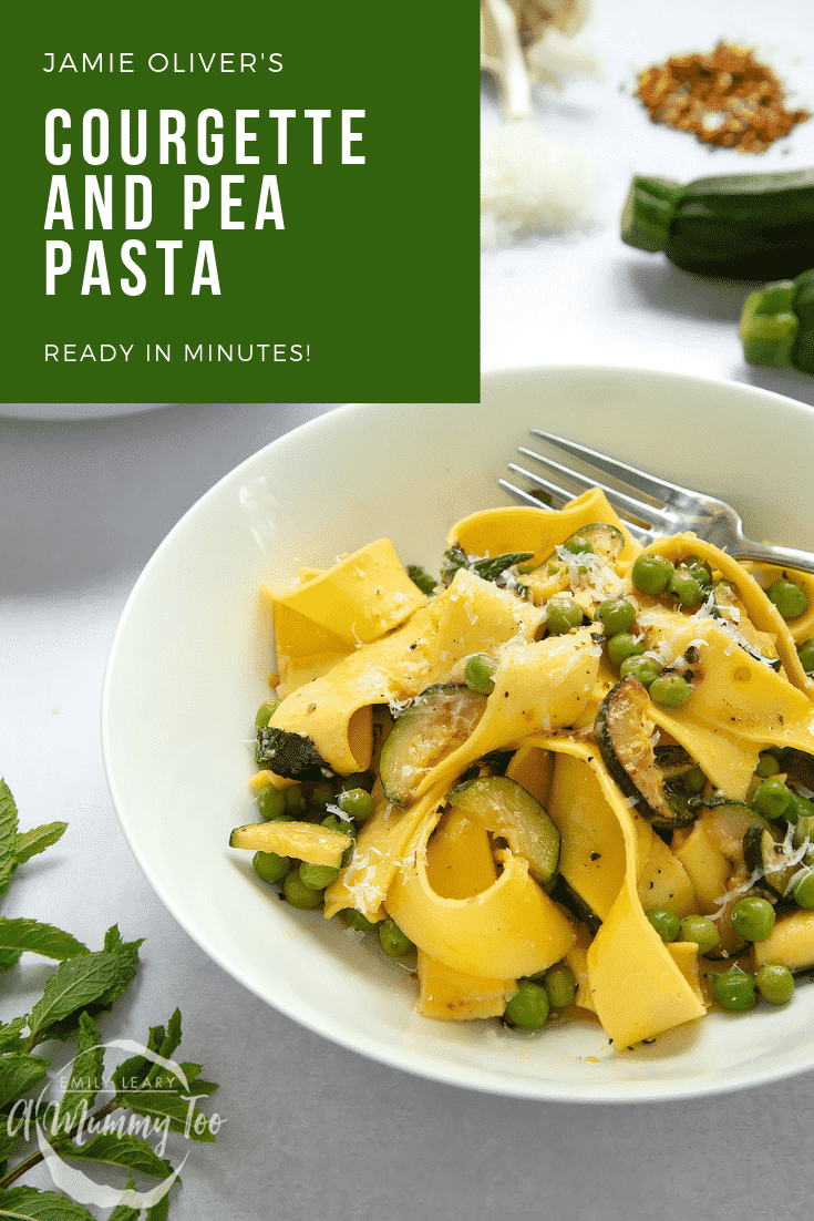Overhead shot of the courgette and pea pasta. At the side of the image there's some fresh mint and unchopped courgette. In the top left hand corner there's some white text on a green background describing the image for Pinterest.