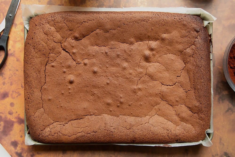 Chocolate roulade sponge cooked in a lined swiss roll tin.